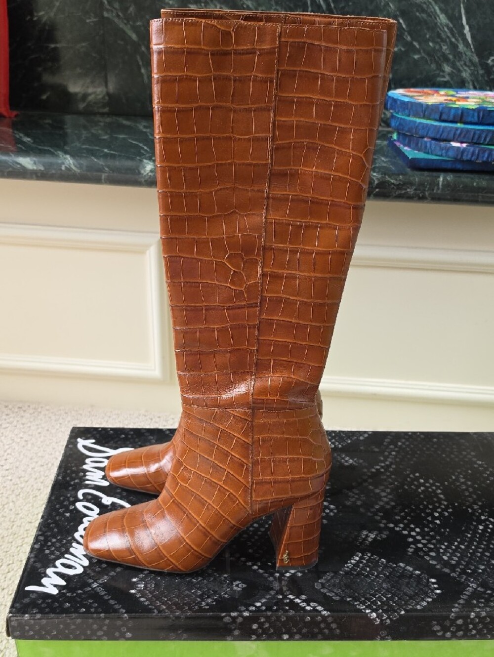 Sam Edelman Tall Croc-Embossed Leather Boots in Cognac Brown